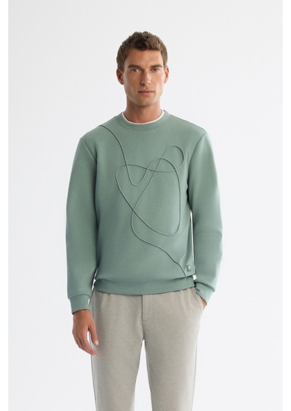 Erkek Mint Yeşil Bisiklet Yaka Pamuklu Nakışlı Sweatshirt A42y1247