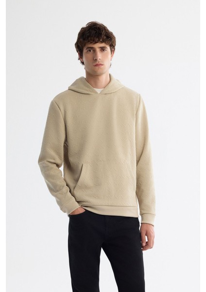 Erkek Bej Kapüşonlu Baskılı Sweatshirt A42Y1332