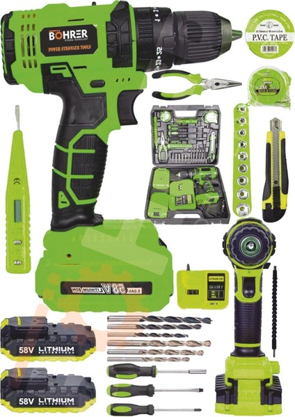 Böhr 58V 5AH Darbeli Metal Şanzıman 32 Parça Full Set Green Çift Akülü Şarjlı Vidalama Matkap