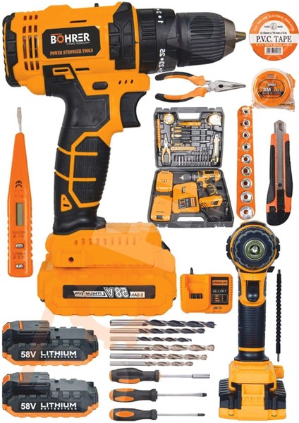 Böhr 58V 5AH Darbeli Metal Şanzıman 32 Parça Full Set Orange Çift Akülü Şarjlı Vidalama Matkap