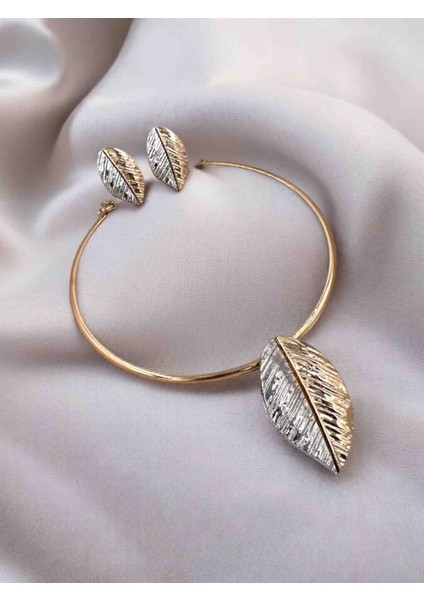 Melekcehobi Takı Yaprak Model Gümüş ve Gold Renkli Kolye Küpe Seti