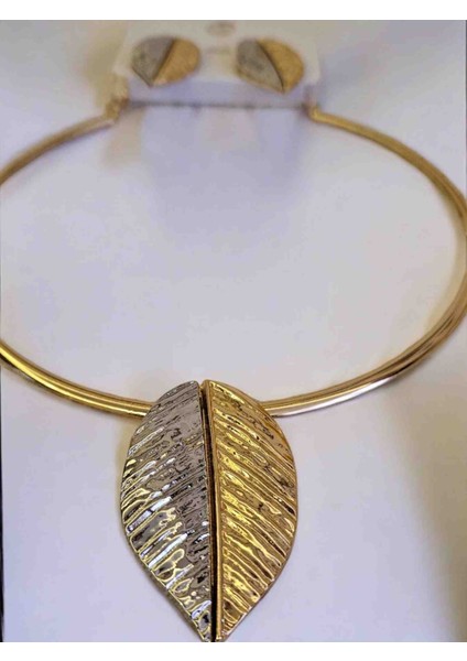 Melekcehobi Takı Yaprak Model Gümüş ve Gold Renkli Kolye Küpe Seti