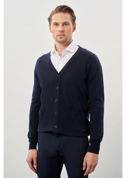 Koyu Lacivert Uzun Kol Örme V Yaka Comfort Fit Rahat Kesim Klasik Triko