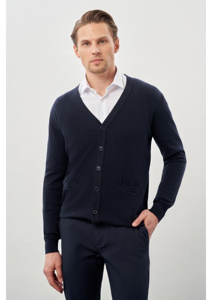 Koyu Lacivert Uzun Kol Örme V Yaka Comfort Fit Rahat Kesim Klasik Triko modelleri