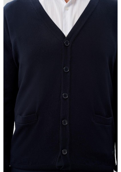 Koyu Lacivert Uzun Kol Örme V Yaka Comfort Fit Rahat Kesim Klasik Triko fırsatları