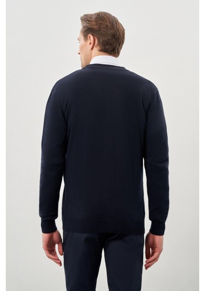 Koyu Lacivert Uzun Kol Örme V Yaka Comfort Fit Rahat Kesim Klasik Triko indirimleri