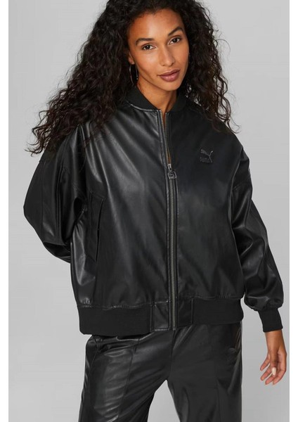 Women’s T7 Faux Leather Bomber Jacket Black Kadın Rahat Kesim Suni Deri Bomber Ceket Siyah