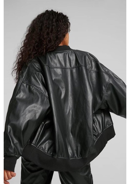 Women’s T7 Faux Leather Bomber Jacket Black Kadın Rahat Kesim Suni Deri Bomber Ceket Siyah
