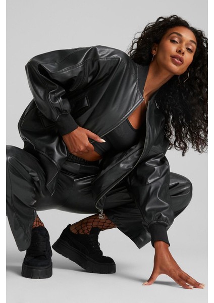 Women’s T7 Faux Leather Bomber Jacket Black Kadın Rahat Kesim Suni Deri Bomber Ceket Siyah