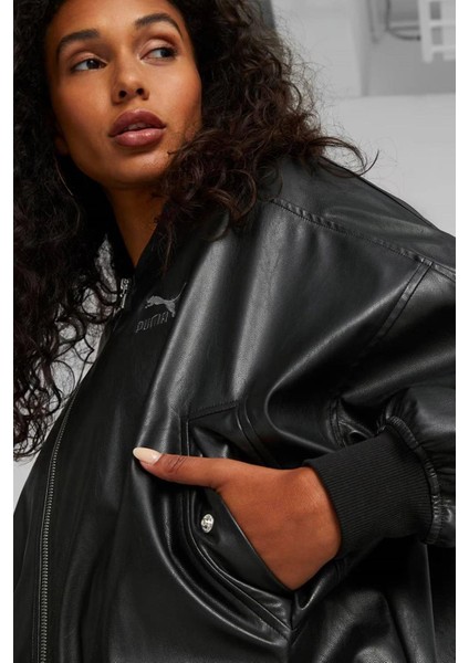 Women’s T7 Faux Leather Bomber Jacket Black Kadın Rahat Kesim Suni Deri Bomber Ceket Siyah