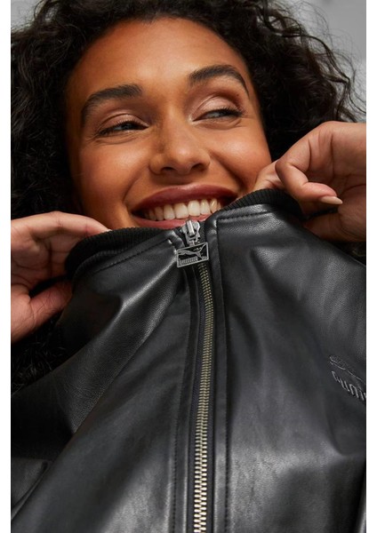 Women’s T7 Faux Leather Bomber Jacket Black Kadın Rahat Kesim Suni Deri Bomber Ceket Siyah