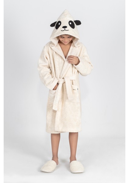 Pamuklu Kapüşonlu Panda Nakışlı Çocuk Bornozu Unisex