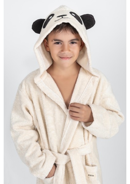 Pamuklu Kapüşonlu Panda Nakışlı Çocuk Bornozu Unisex fiyatları