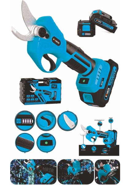 30MM Akülü Blue Budama Makası , Bahçe Apaç Dalı Budama Makinesi , Sk5 Bıçak 2 Adet 5000MAH Batarya