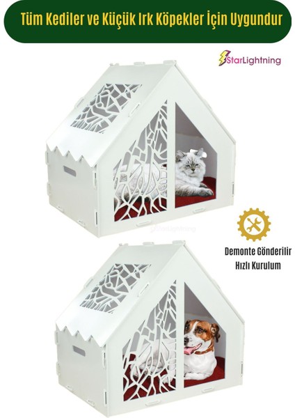 Ahşap Büyük Kedi Yatağı Premium Kalite Beyaz Kedi Evi 50x35 cm Parlak Boyalı Seperatör Model