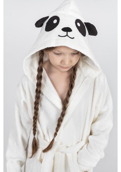 Pamuklu Kapüşonlu Panda Nakışlı Çocuk Bornozu Unisex