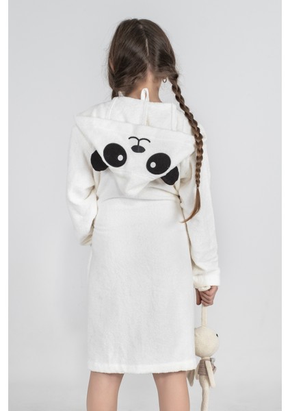Pamuklu Kapüşonlu Panda Nakışlı Çocuk Bornozu Unisex