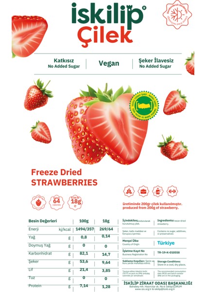 Iskilip Dondurularak Kurutulmuş Çilek - Çilek Kuru Meyve Cipsi - Frezee Dried Strawberry - 18 gr