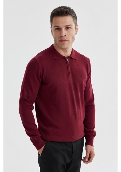 Bordo Slim Fit Pamuklu Desenli Fermuarlı Polo Yaka Triko Kazak