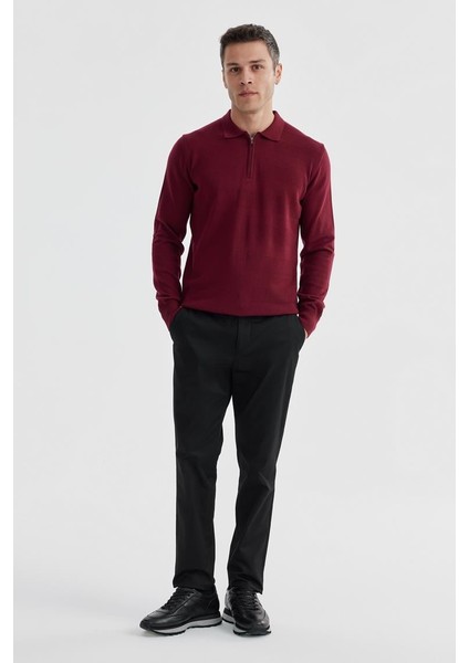 Bordo Slim Fit Pamuklu Desenli Fermuarlı Polo Yaka Triko Kazak