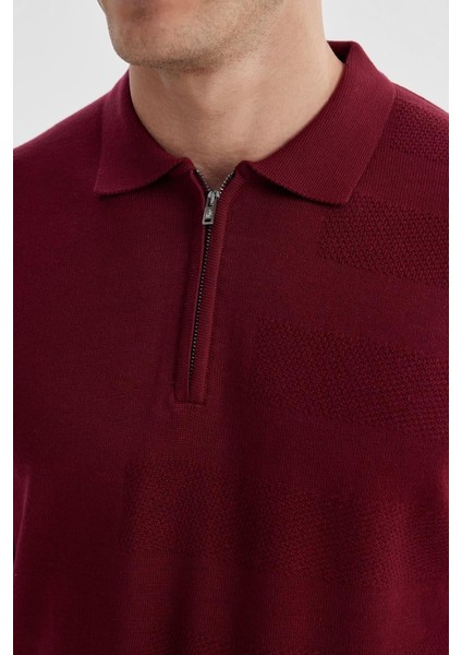 Bordo Slim Fit Pamuklu Desenli Fermuarlı Polo Yaka Triko Kazak