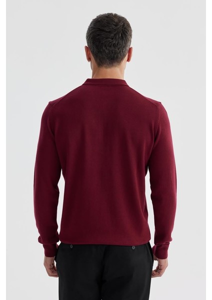 Bordo Slim Fit Pamuklu Desenli Fermuarlı Polo Yaka Triko Kazak