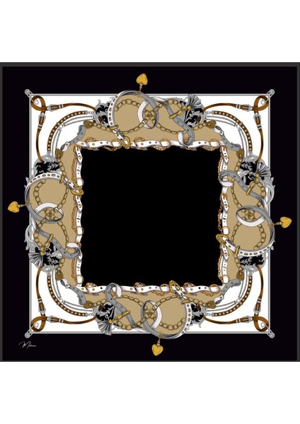 Siyah Gold Zincir Desenli Twill Ipek Eşarp modelleri