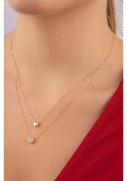 14 Ayar Altın Çift Zincirli Kalp Kolye
