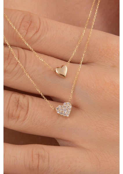 14 Ayar Altın Çift Zincirli Kalp Kolye modelleri