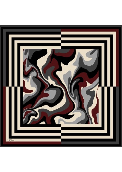 Siyah Bordo Geometrik Desenli Twill Ipek Eşarp