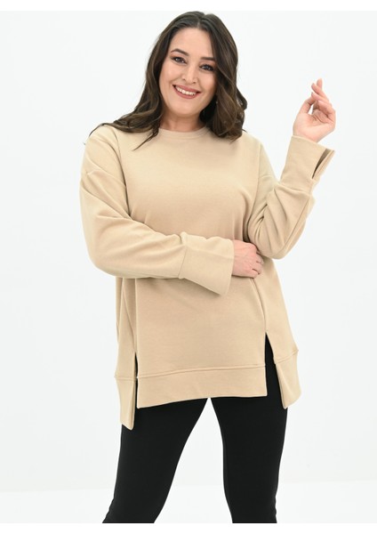 Kadın Büyük Beden Oversize Yırtmaç Detaylı Sweatshirt 1865-25