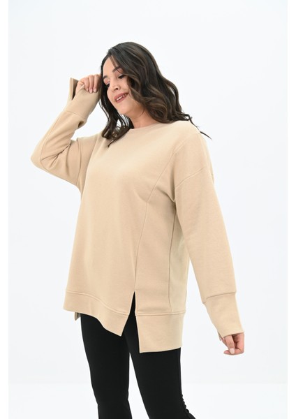 Kadın Büyük Beden Oversize Yırtmaç Detaylı Sweatshirt 1865-25