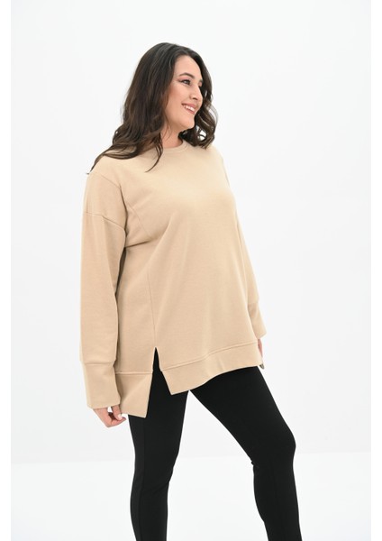 Kadın Büyük Beden Oversize Yırtmaç Detaylı Sweatshirt 1865-25