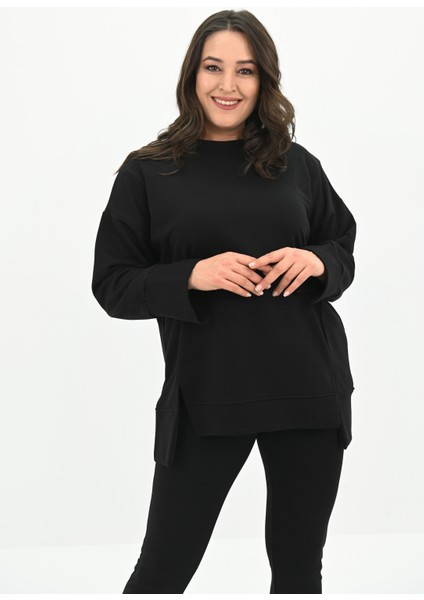 Kadın Büyük Beden Oversize Yırtmaç Detaylı Sweatshirt 1865-25