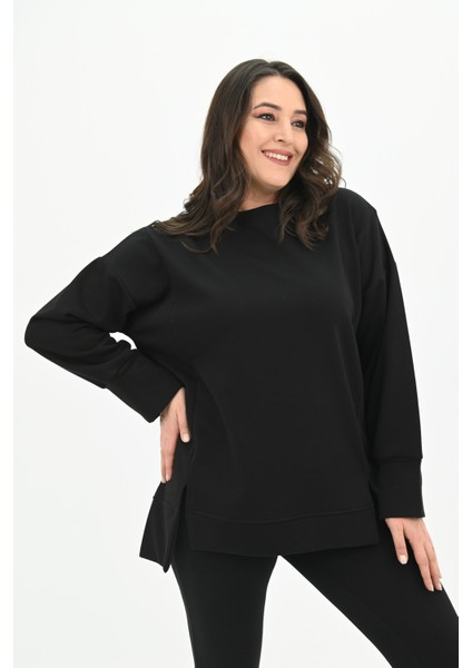 Kadın Büyük Beden Oversize Yırtmaç Detaylı Sweatshirt 1865-25