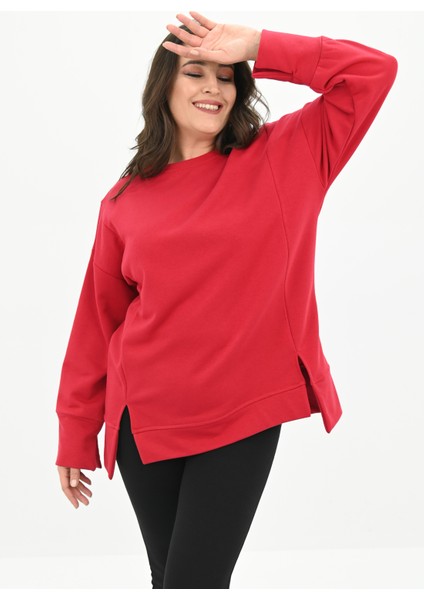 Kadın Büyük Beden Oversize Yırtmaç Detaylı Sweatshirt 1865-25