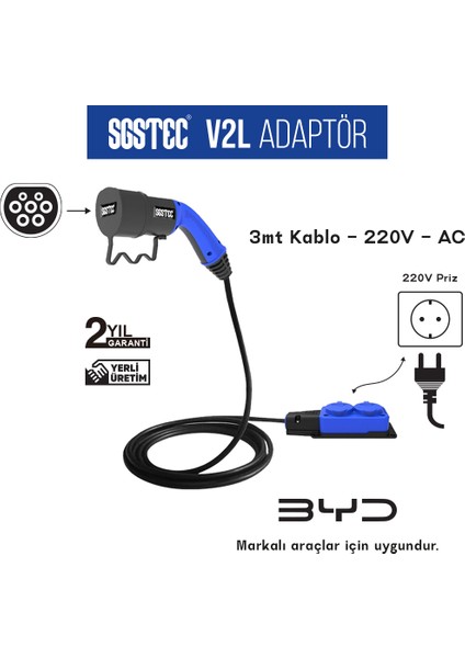 Byd 3mt Kablolu 2'li V2L Uzatma Priz Adaptör