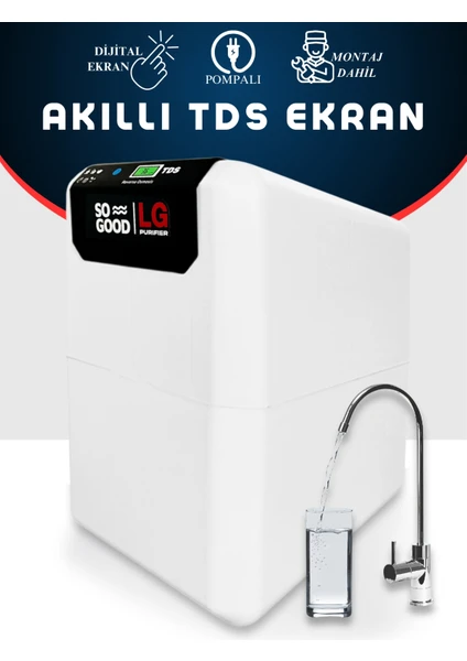 Premium Pompalı Akıllı Tds Ekranlı Ekstra Mineralli Çelik Tanklı LG Membranlı Dijital Su Arıtma Cihazı (Montaj Dahil)