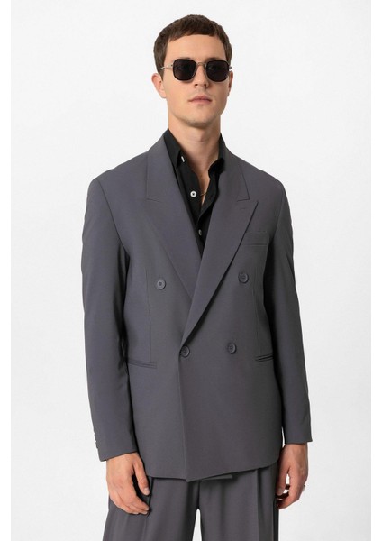 Antrasit Tek Düğme Kruvaze Erkek Blazer Ceket
