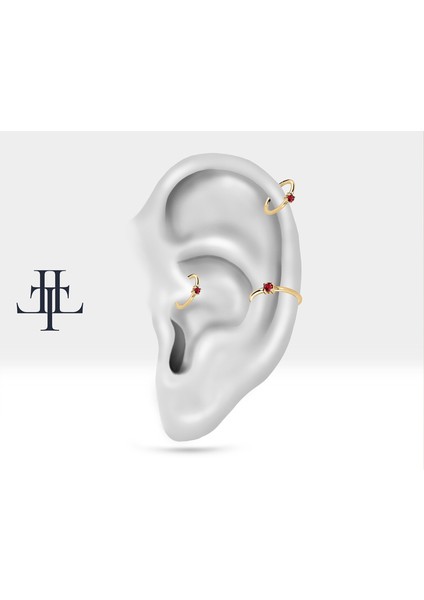 Yakutlu Halka Piercing Küpe, 12 mm , 1.2 Mm, 14K Sarı-Beyaz-Kırmızı Altın | LE00001R modelleri