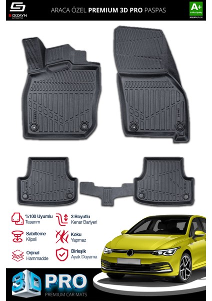 Volkswagen Golf 8 Manuel 3D Pro Havuzlu Paspas 2020-2024 A+ Kalite