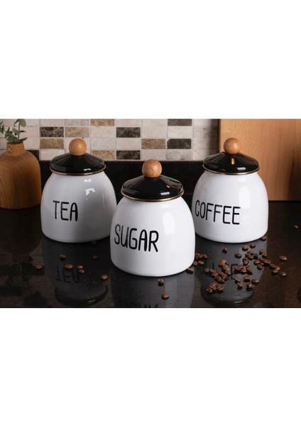 Kitchen Pembelia Emaye 3’lü Lüx Emaye Sugar-Tea-Coffe Kavanoz Takımı Emaye Kavanoz Seti Tezgah Üstü