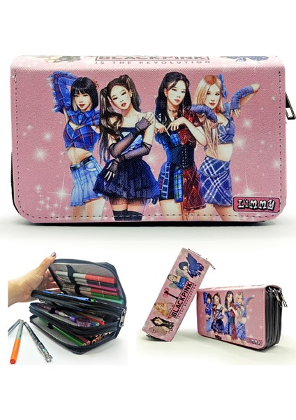 Kalem Kutusu Black Pink Blink Organizer Kalemkutu Vegan Deri Üç Bölmeli Kalemlik - Siyah