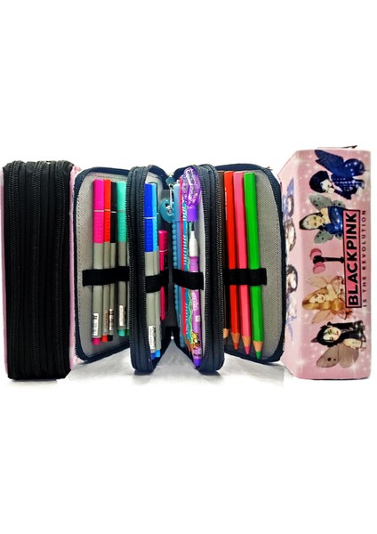 Kalem Kutusu Black Pink Blink Organizer Kalemkutu Vegan Deri Üç Bölmeli Kalemlik - Siyah indirimleri