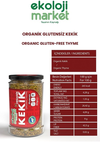 Organik Glutensiz Kekik 30 gr x3