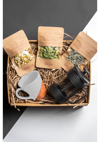 Çay Sever 3'lü Çay Seti - Beyaz Sırlı Toprak Kupa - French Press Hediye Seti