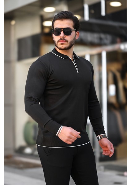 Fermuar Yaka Çizgi Detaylı Erkek Kazak fırsatları