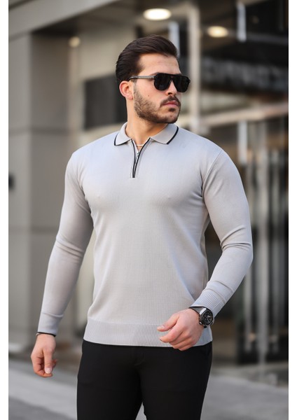 Fermuar Yaka Çizgi Detaylı Erkek Kazak