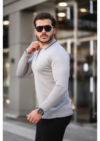 Fermuar Yaka Çizgi Detaylı Erkek Kazak modelleri