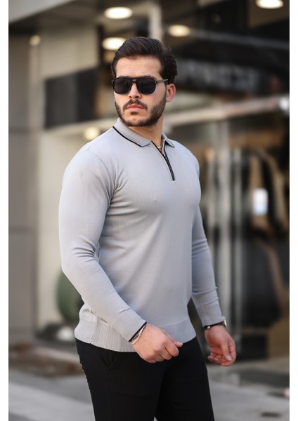 Fermuar Yaka Çizgi Detaylı Erkek Kazak fırsatları